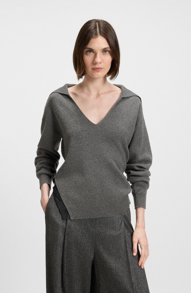 Genser - Collared Sweater Wool Cashmere Lace Inserts Dark Grey