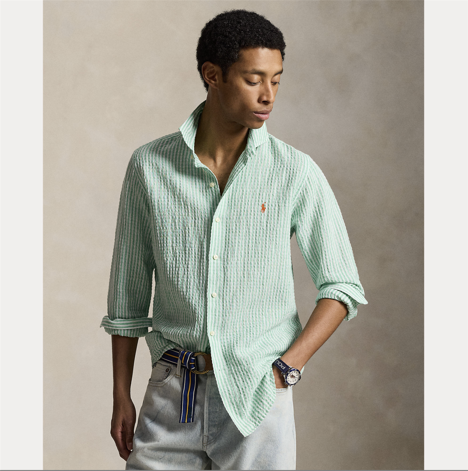 Skjorte - Custom Fit Striped Seersucker Shirt Green / White