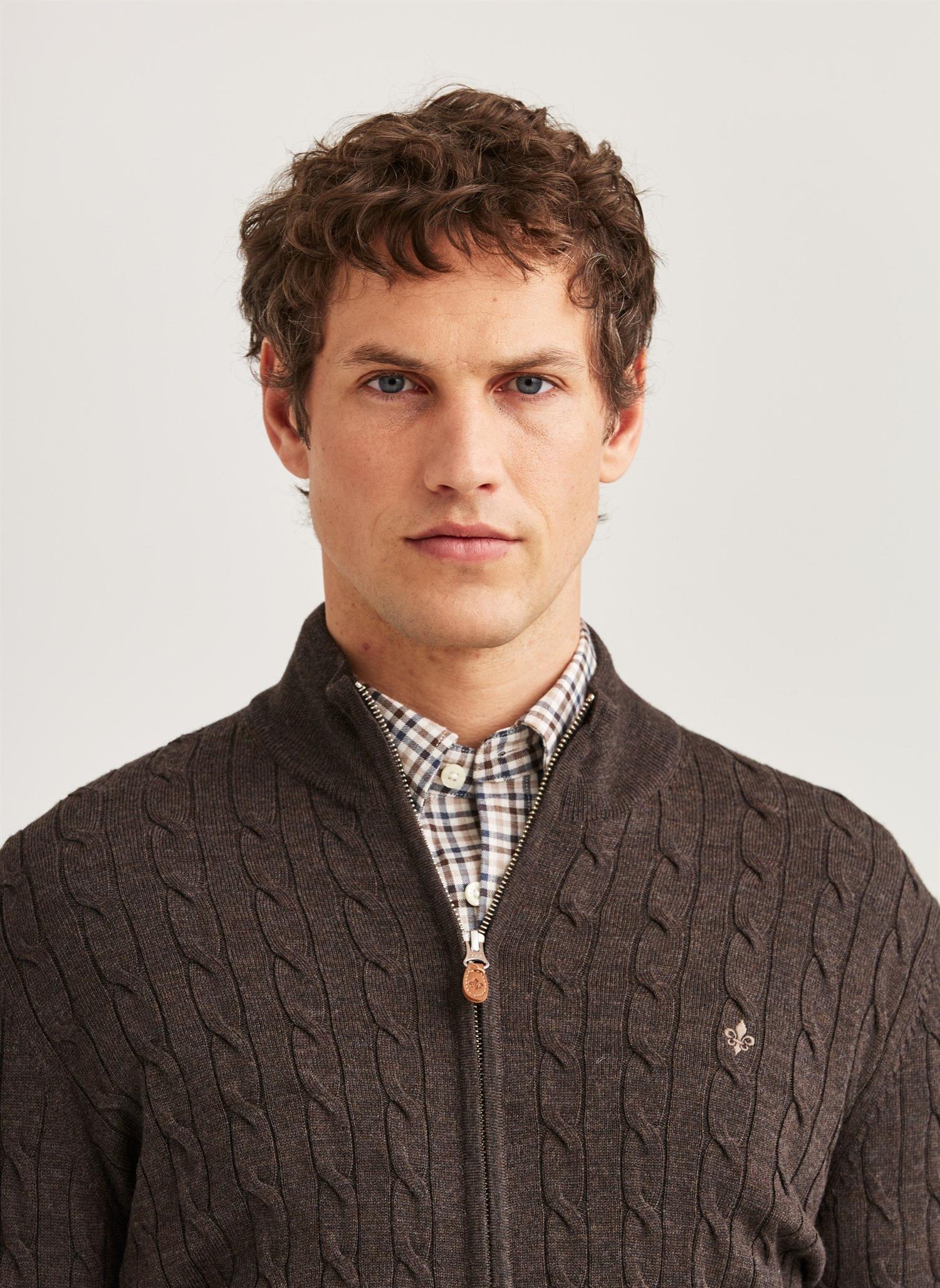 Cardigan - Merio Cable Zip Cardigan Brown