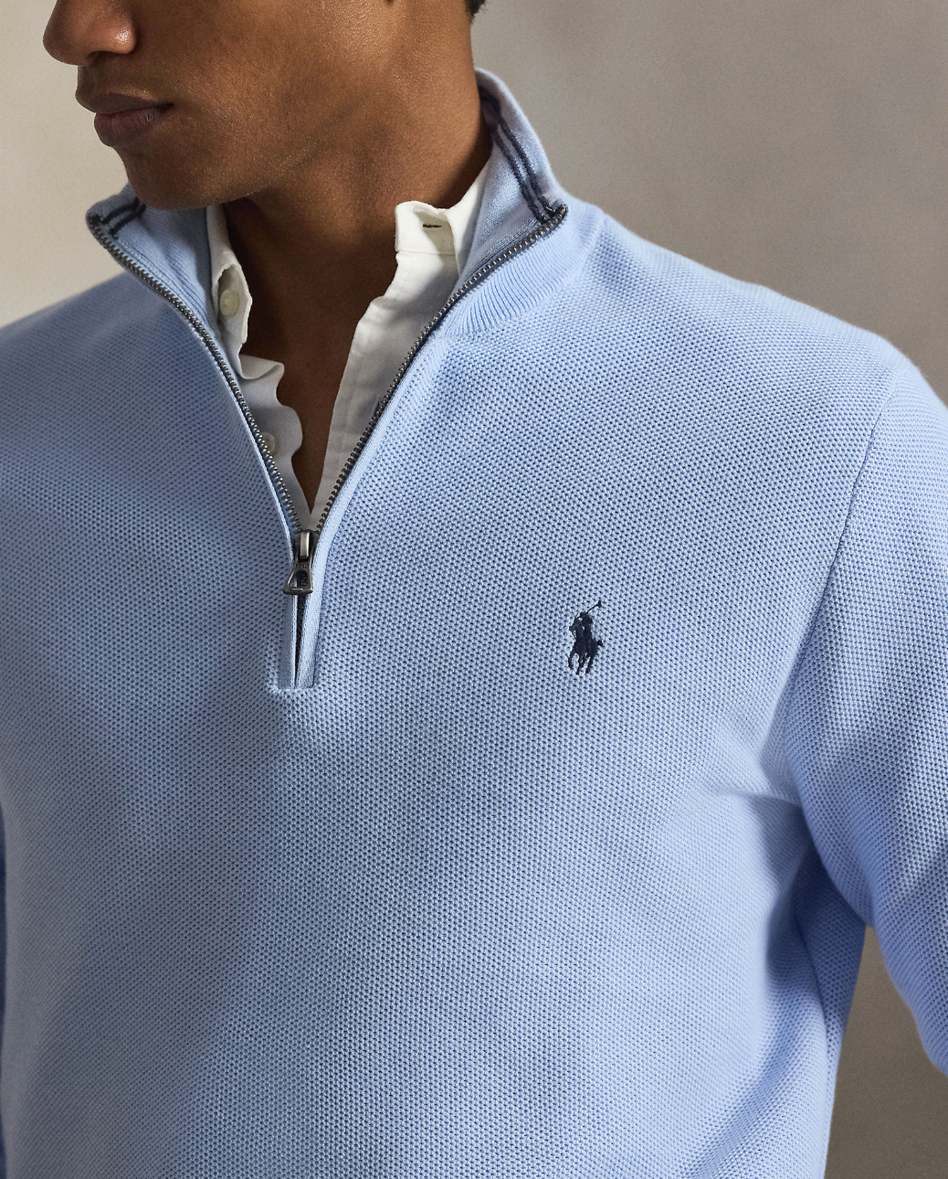 Genser - Mesh-Knit Cotton Quarter Zip Sweater Office Blue