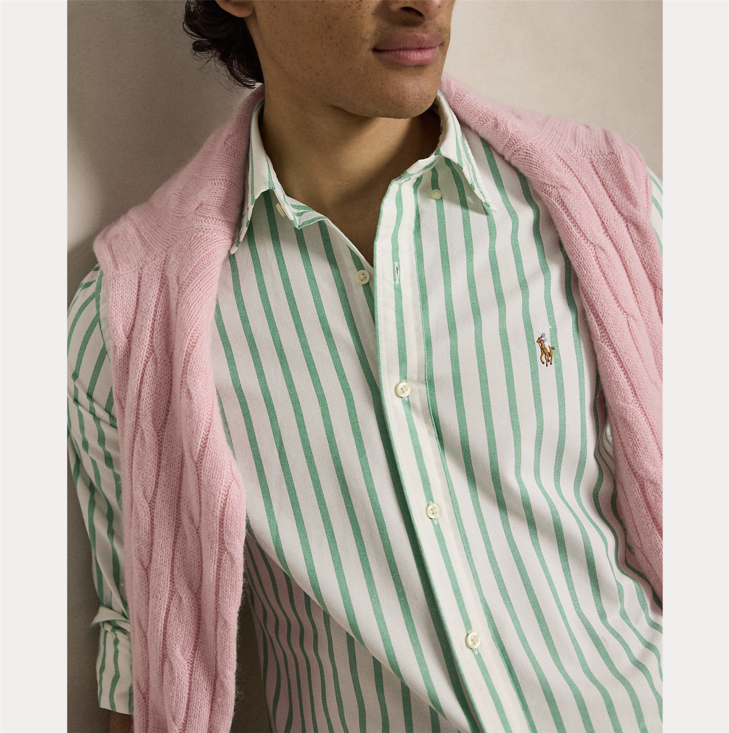 Skjorte - Custom Fit Striped Oxford Shirt Summer Emerald White