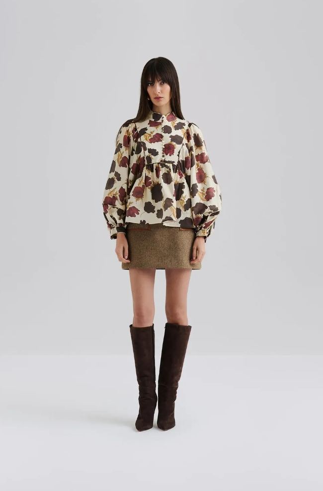 Bluse - Pernilla High Neck Ballon Sleeve Blouse Wine Peony