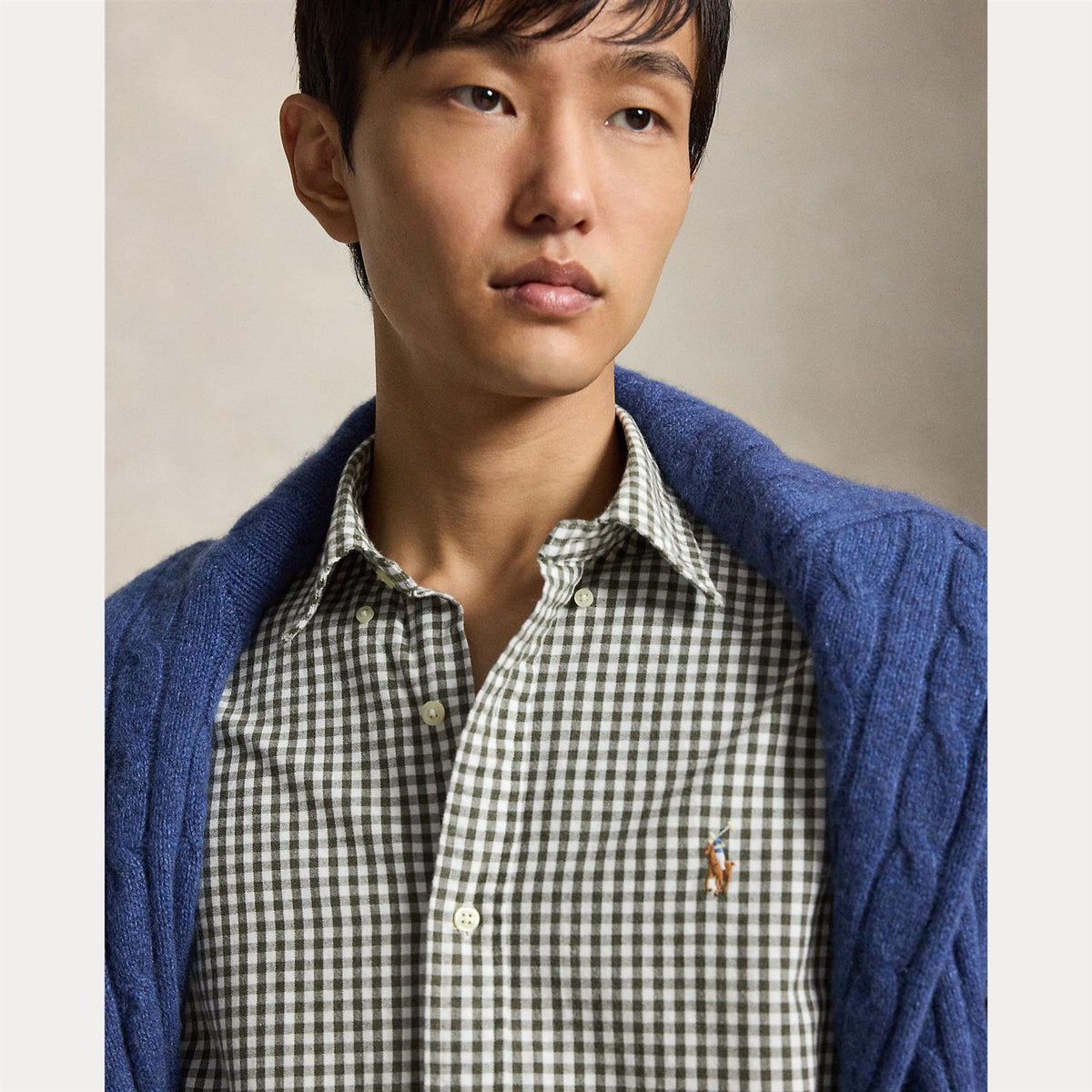 Skjorte - Custom Fit Gingham Oxford Shirt White Olive