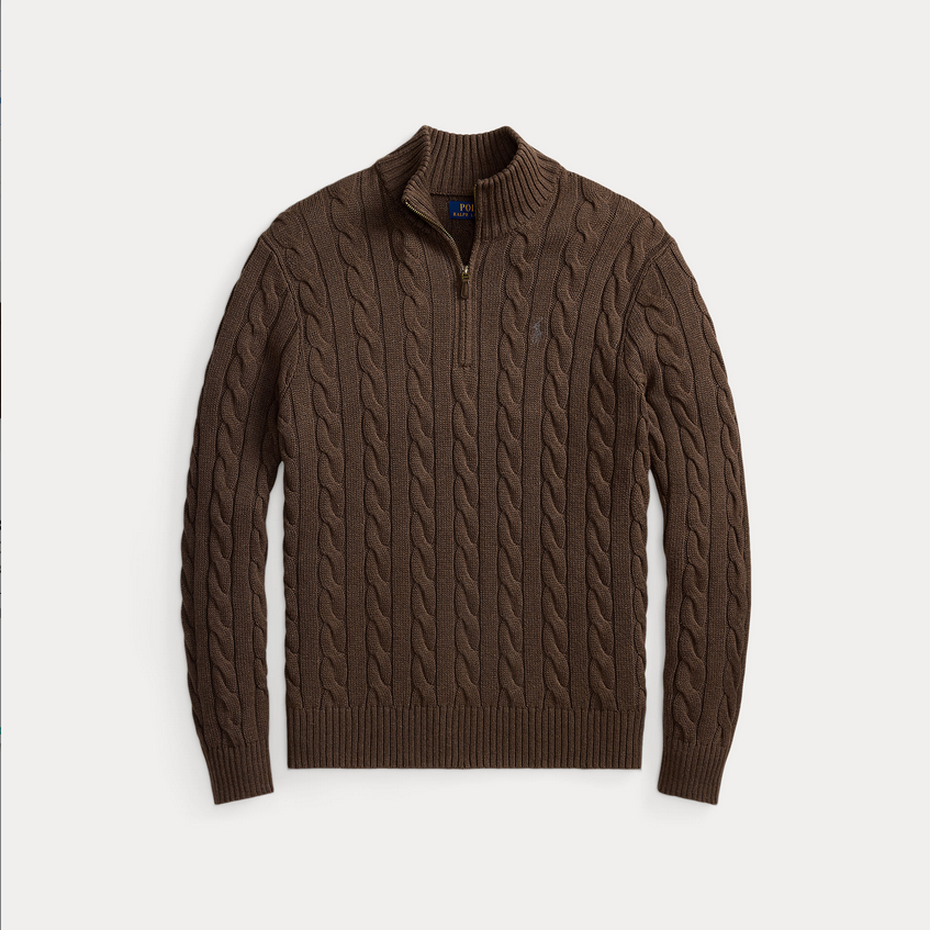 Genser - Cable Knit Cotton Quarter Zip Sweater Brown Heather