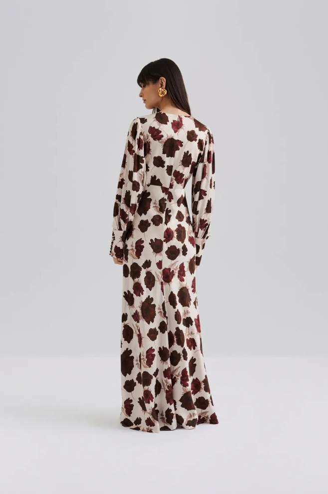 Kjole - Alize Long Sleeve Satin Maxi Dress Wine Peony