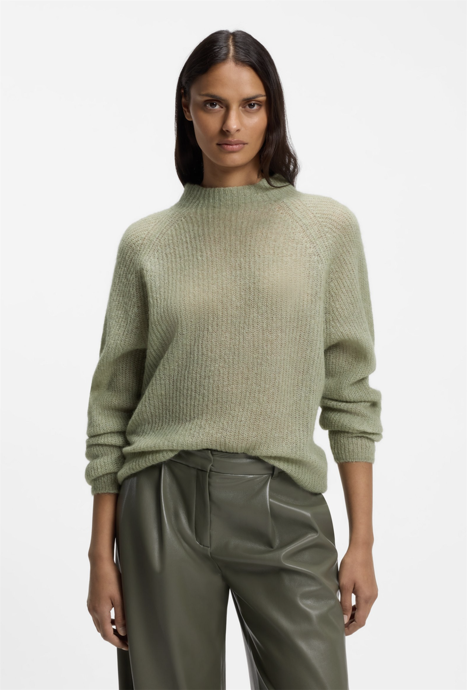 Genser - Fewena Alpaca Blend Sweater With Mock Neckline Open Green