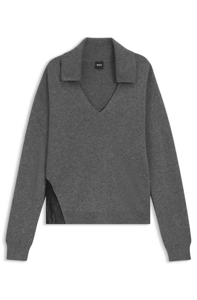 Genser - Collared Sweater Wool Cashmere Lace Inserts Dark Grey