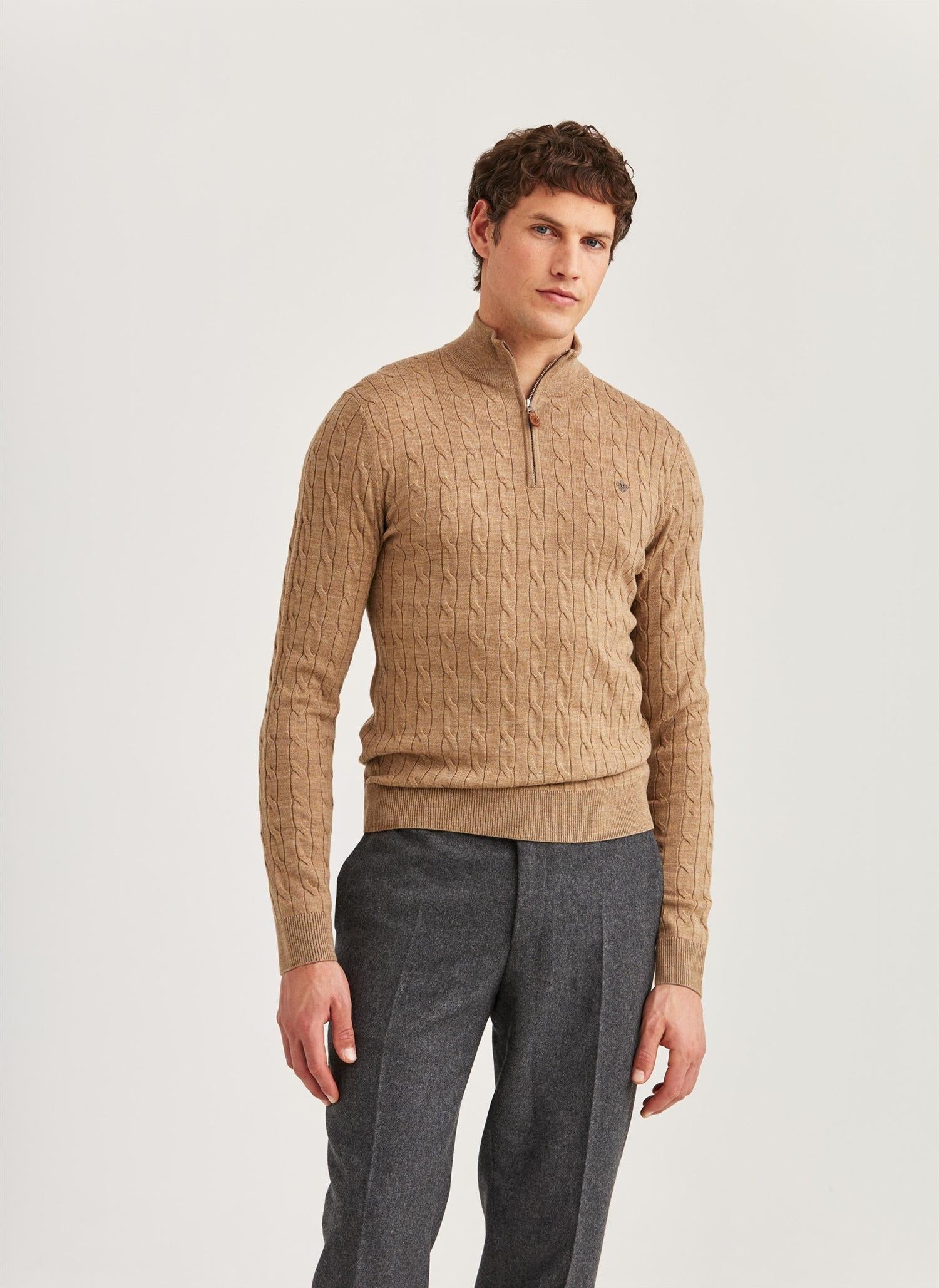 Genser - Merino Cable John Zip Camel