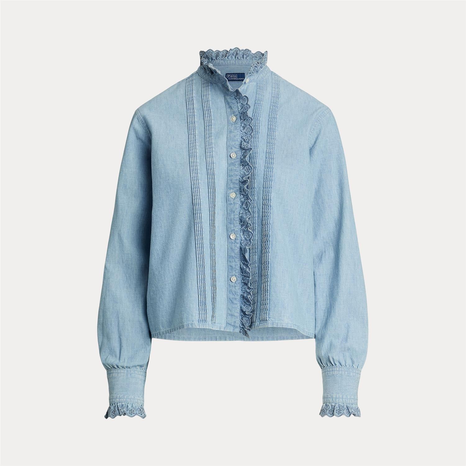 Bluse - Ruffle-Trim Chambray Top Chambray