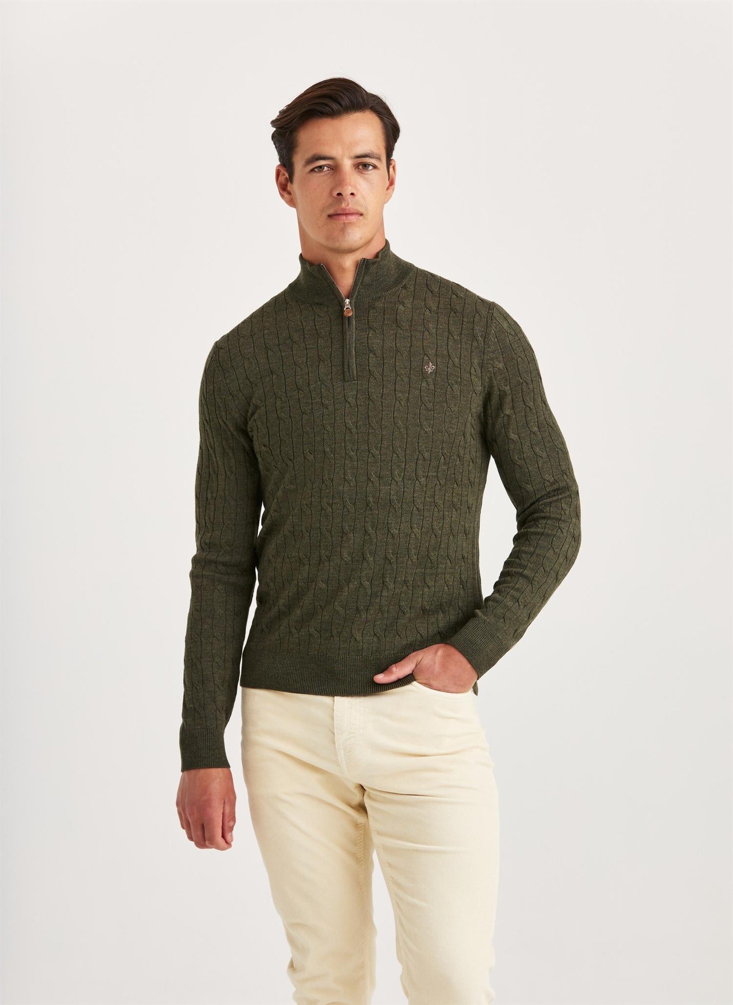 Genser - Merino Cable John Zip Olive