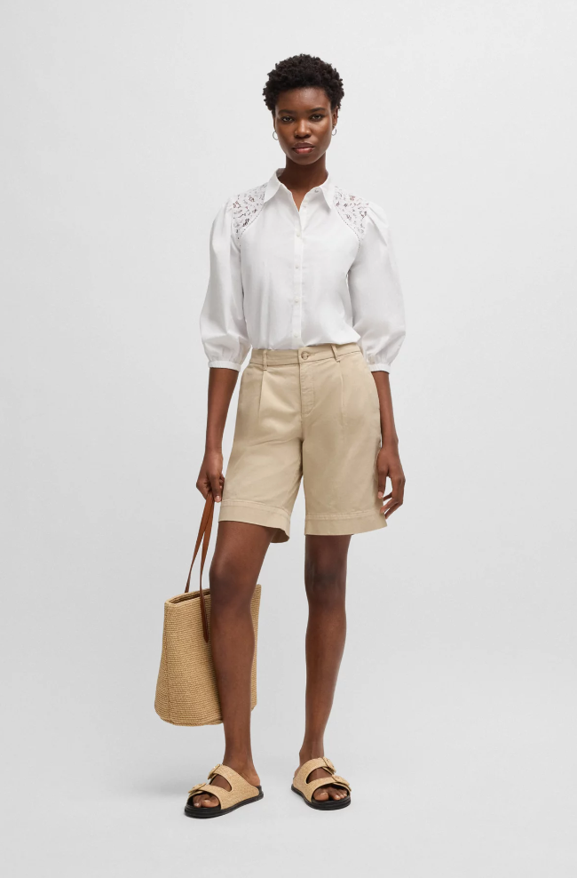 Shorts - Taggie Relaxed-Fit High-Rise Shorts Stretch Cotton Open Beige