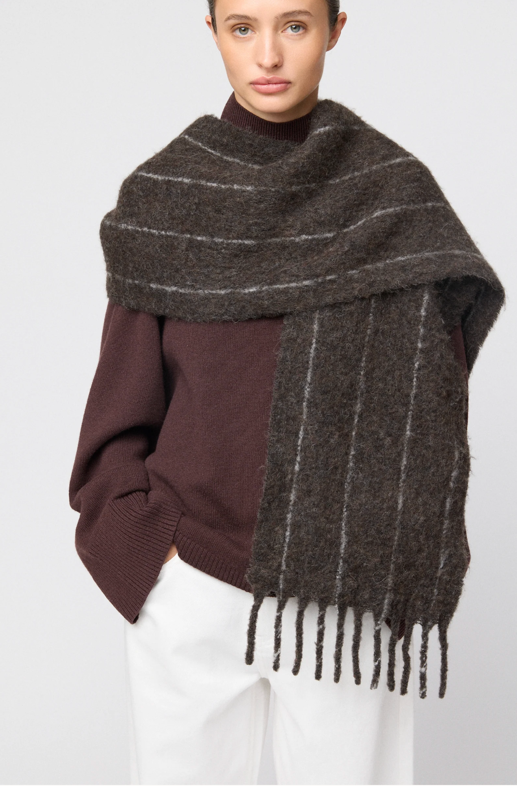 Skjerf - Alpaca Wool Blend Scarf Chocolate Brown Pinstripe