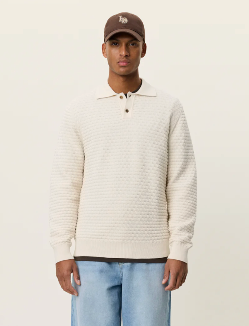 Genser - Billy Weave Knitted LS Polo Light Ivory