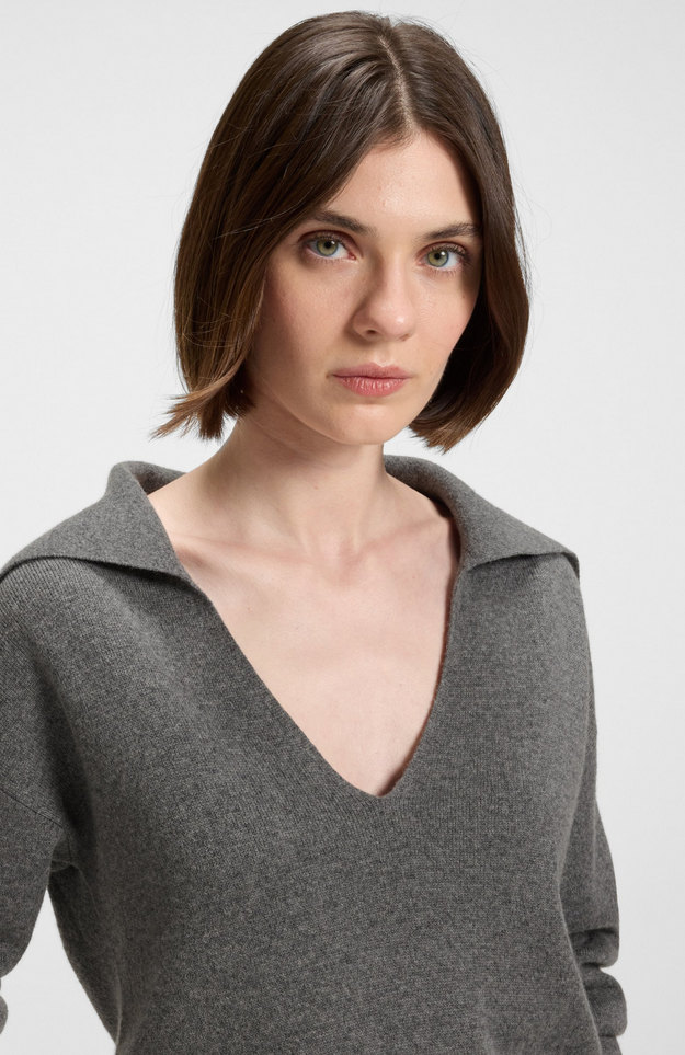 Genser - Collared Sweater Wool Cashmere Lace Inserts Dark Grey