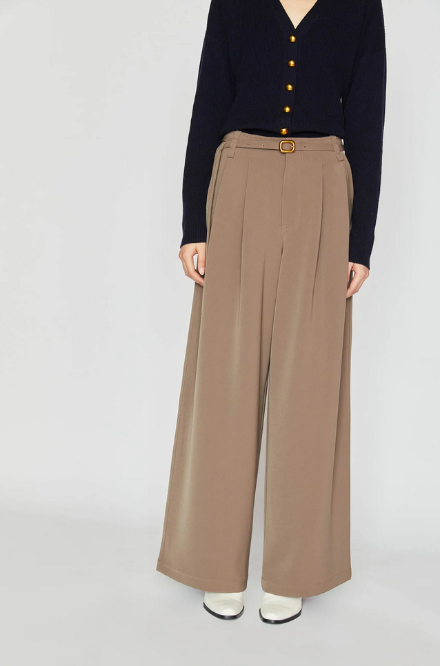 Dressbukse -   Wide Trousers With Pleats and Waist Belt Dark Earth