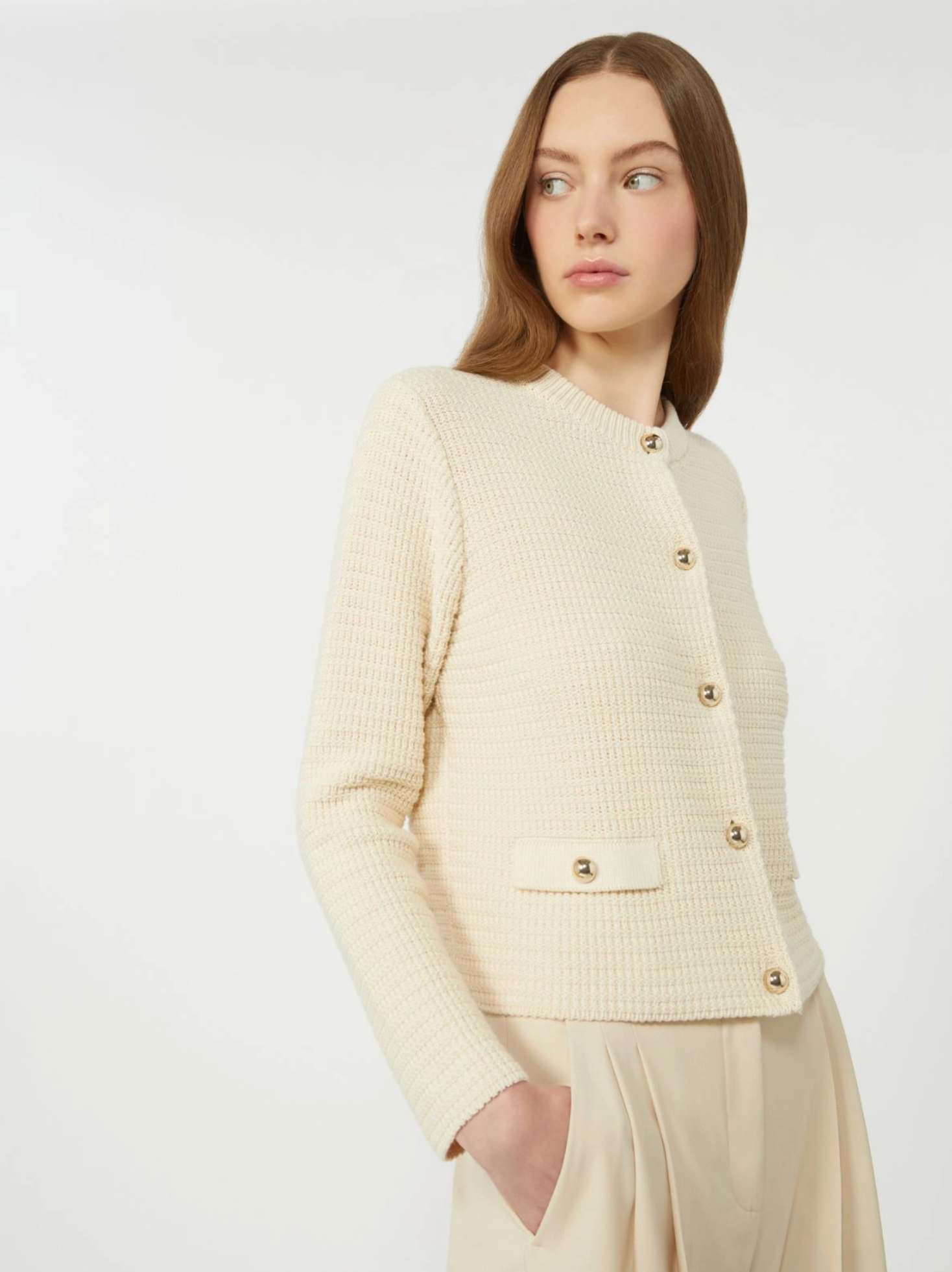 Cardigan - Cropped Cotton Cardigan Ecru