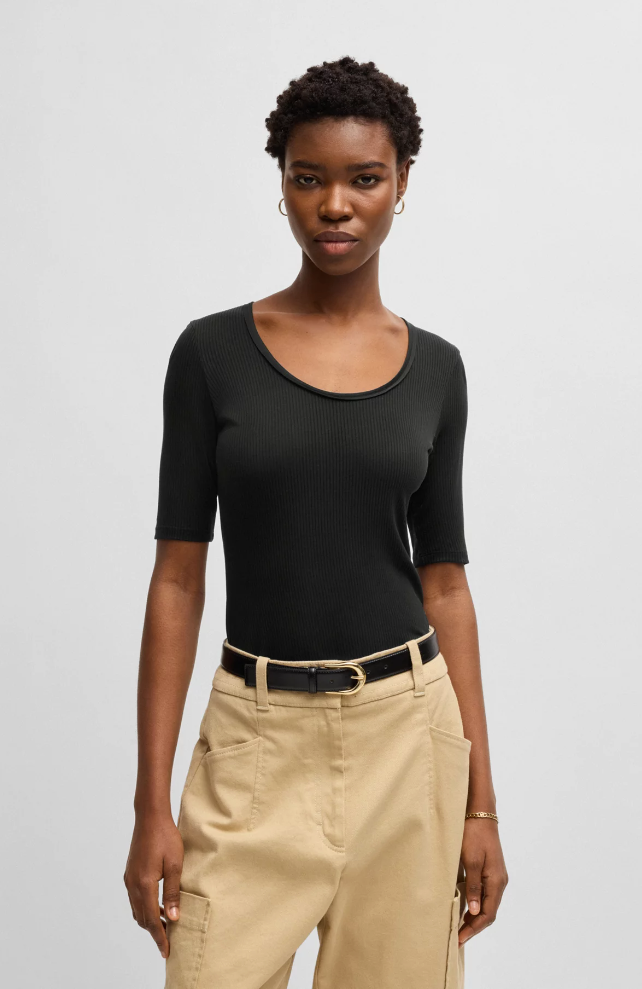 T-Skjorte - Ejita Scoop-Neck T-Shirt Ribbed Stretch Fabric Black