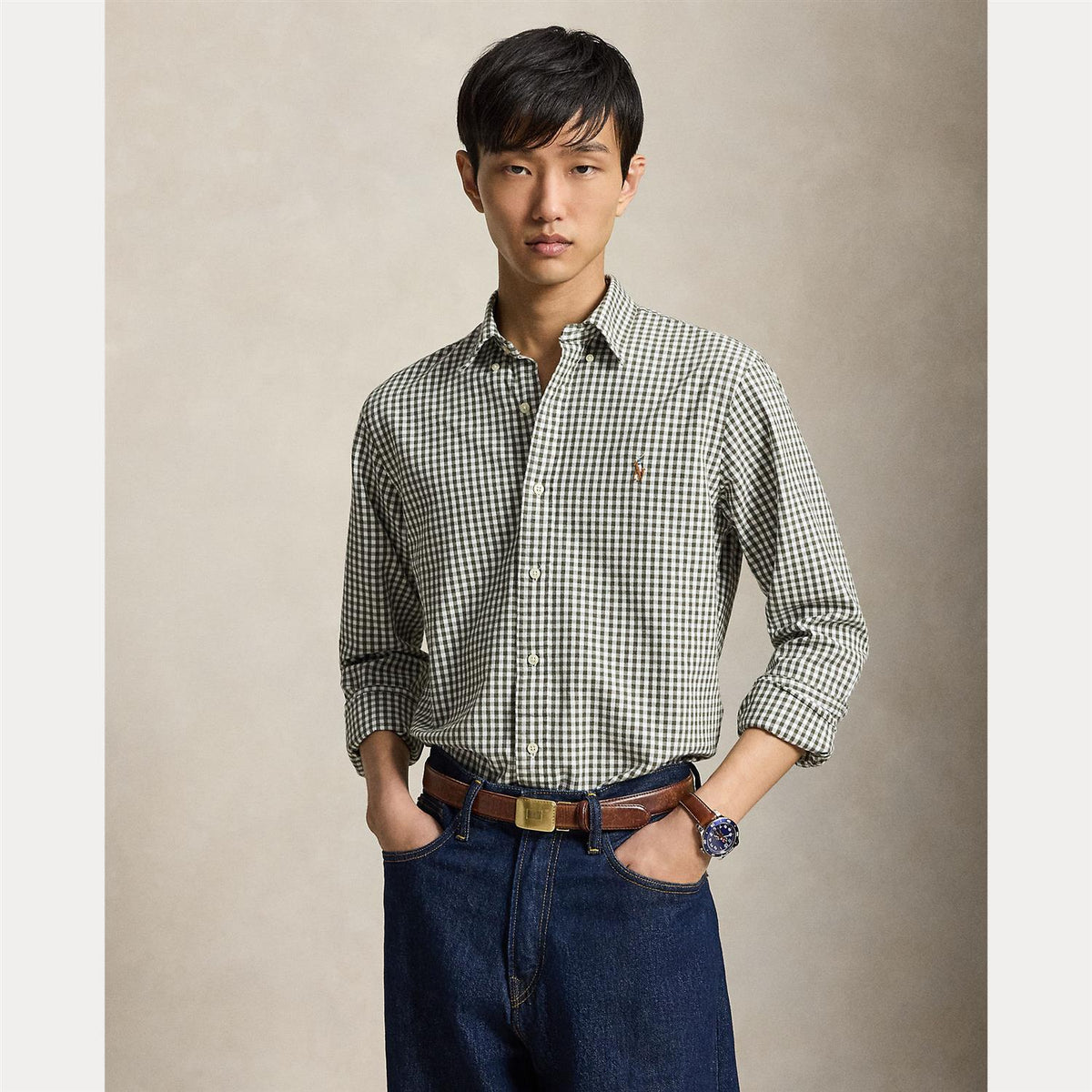Skjorte - Custom Fit Gingham Oxford Shirt White Olive