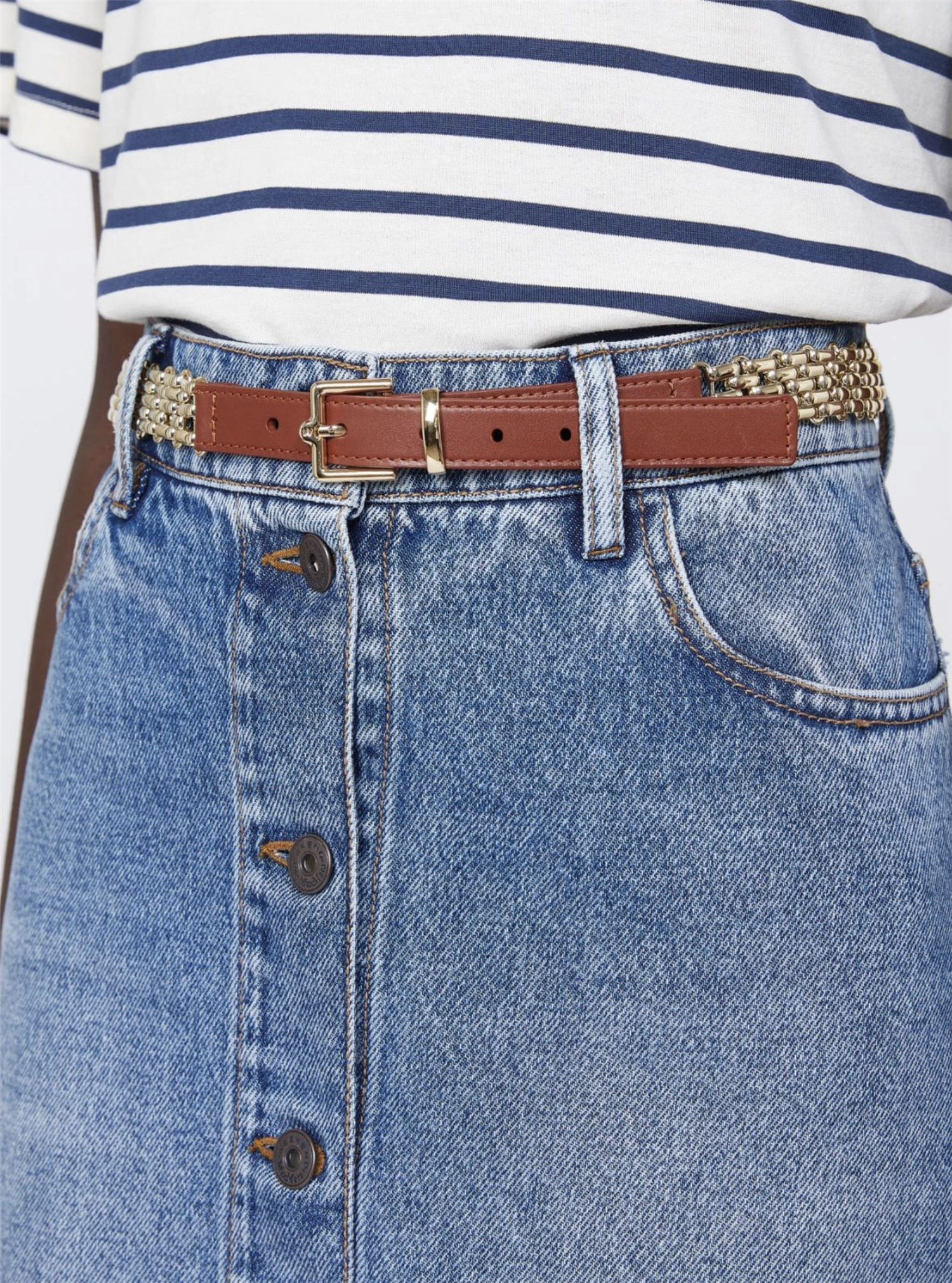 Belte - Metallic Chain and Leather Belt -Gold