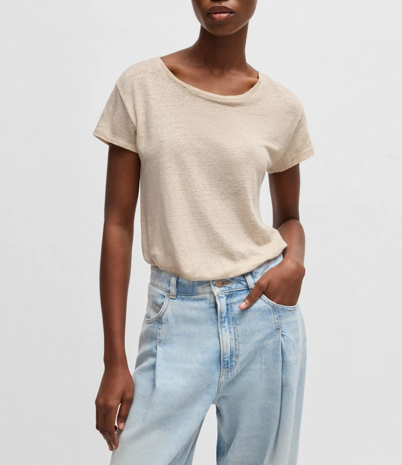 T-skjorte - Scoop neck Linen T shirt Open Beige