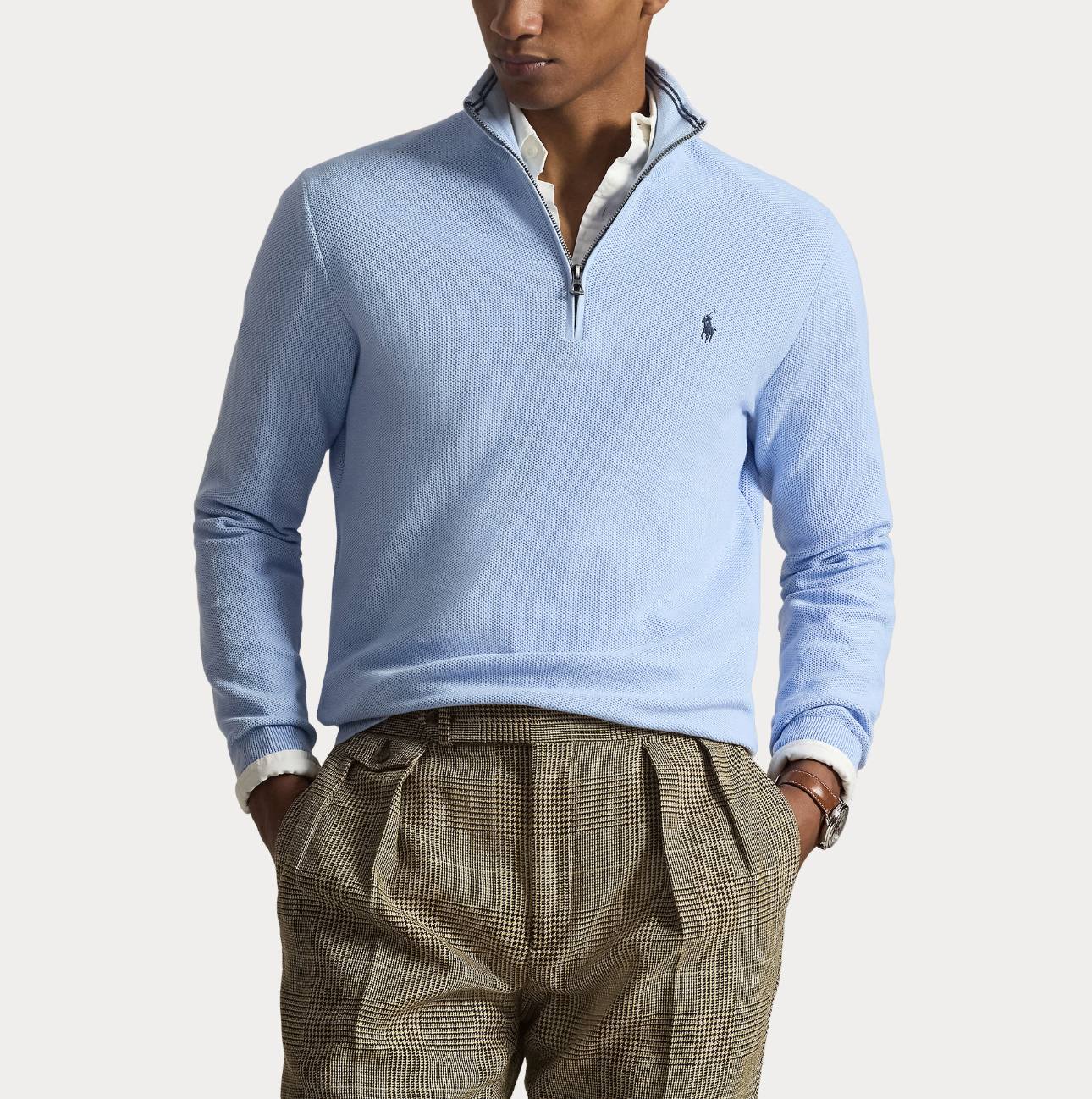 Genser - Mesh-Knit Cotton Quarter Zip Sweater Office Blue