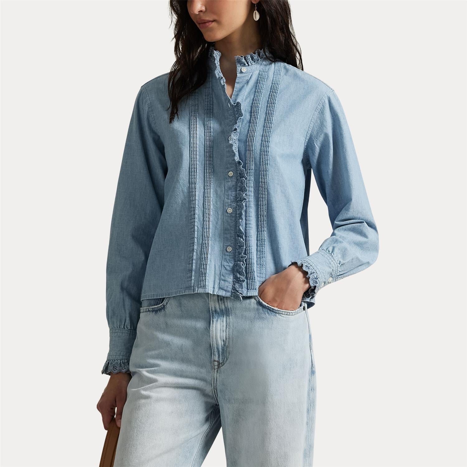 Bluse - Ruffle-Trim Chambray Top Chambray