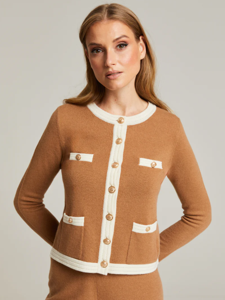Cardigan - Charlott Merino-Cashmere Cardigan Camel & White