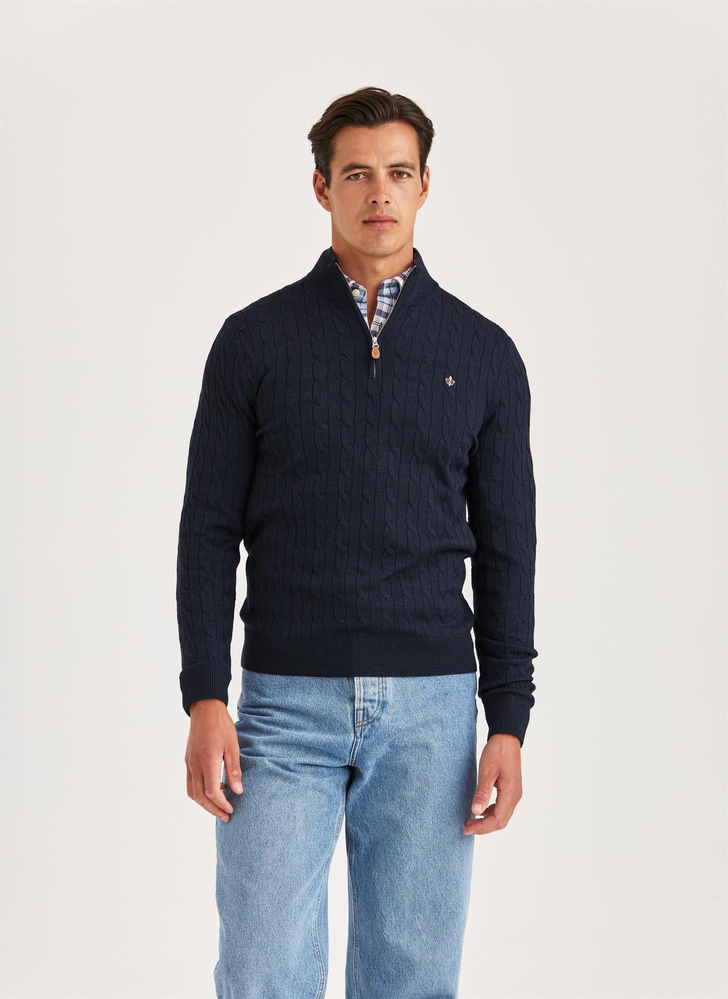 Genser - Merino Cable John Zip Navy
