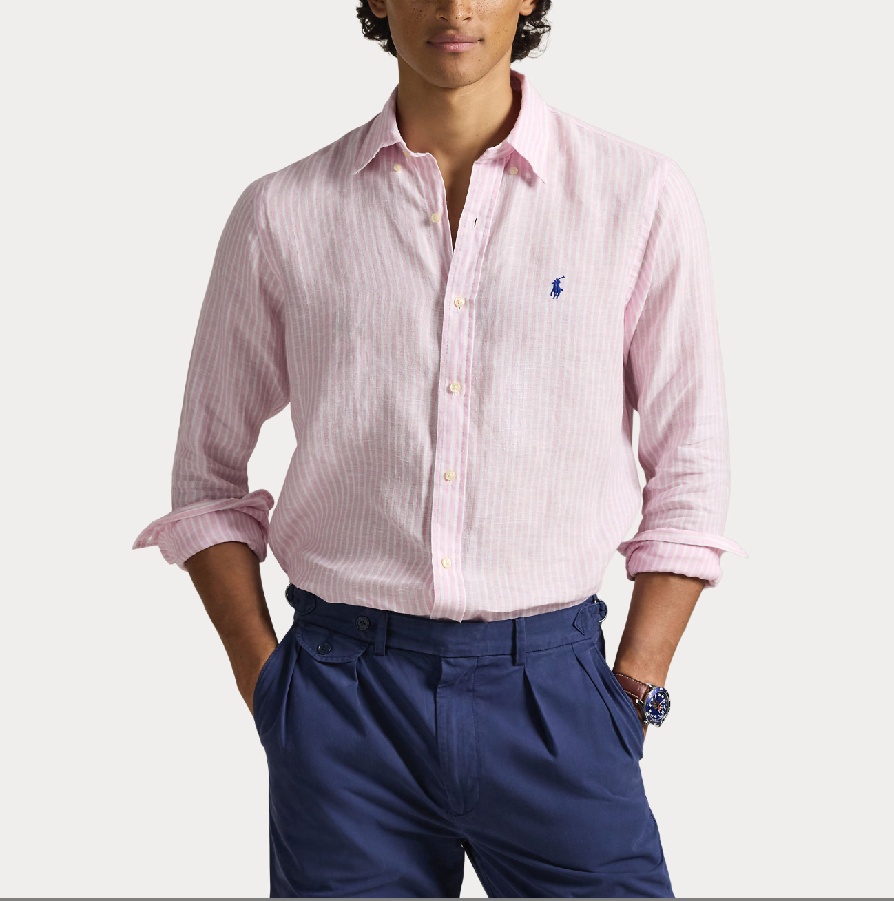 Skjorte - Custom Fit Striped Linen Shirt Pink White