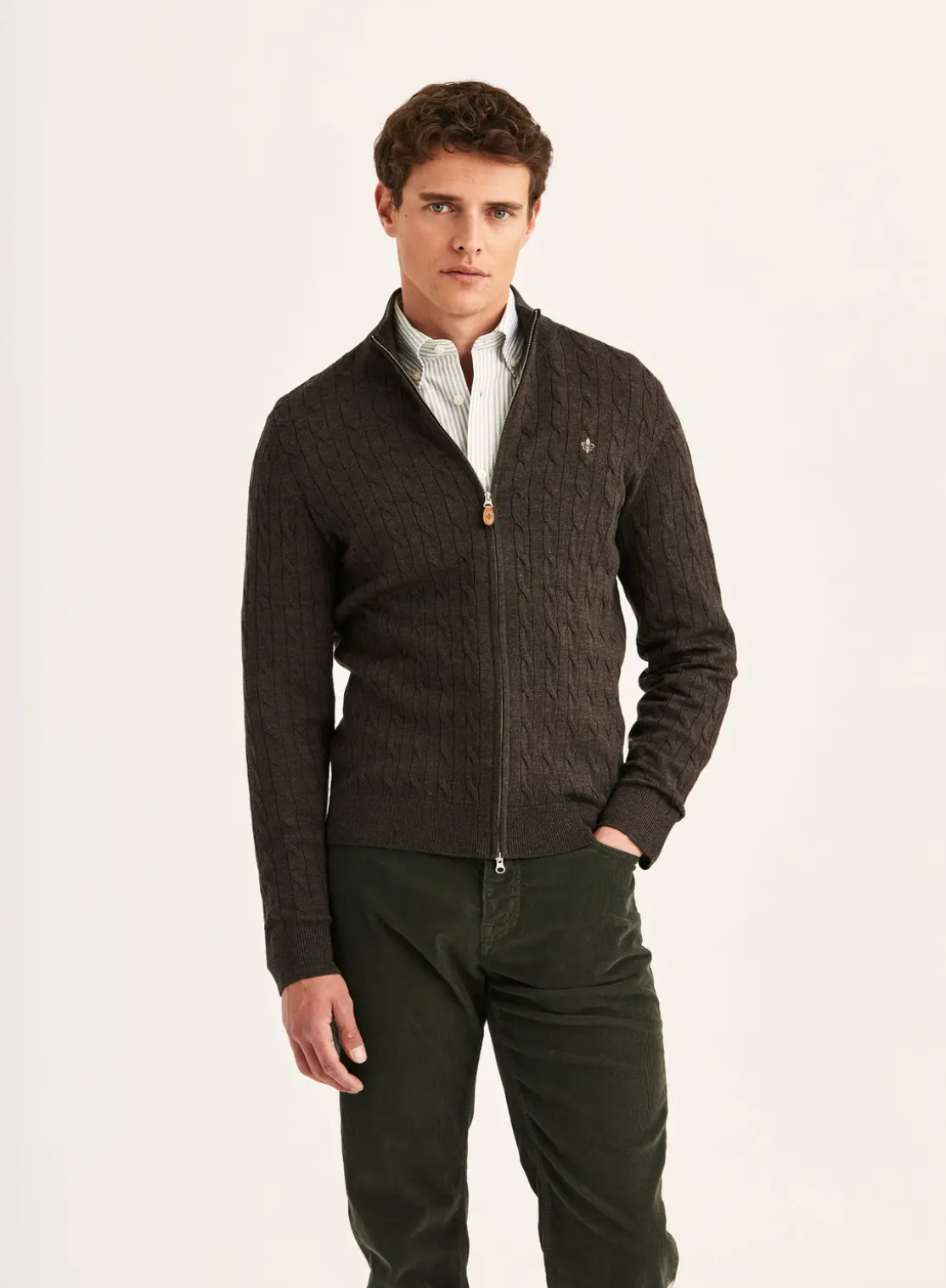 Cardigan - Merino Cable Zip Cardigan Brown