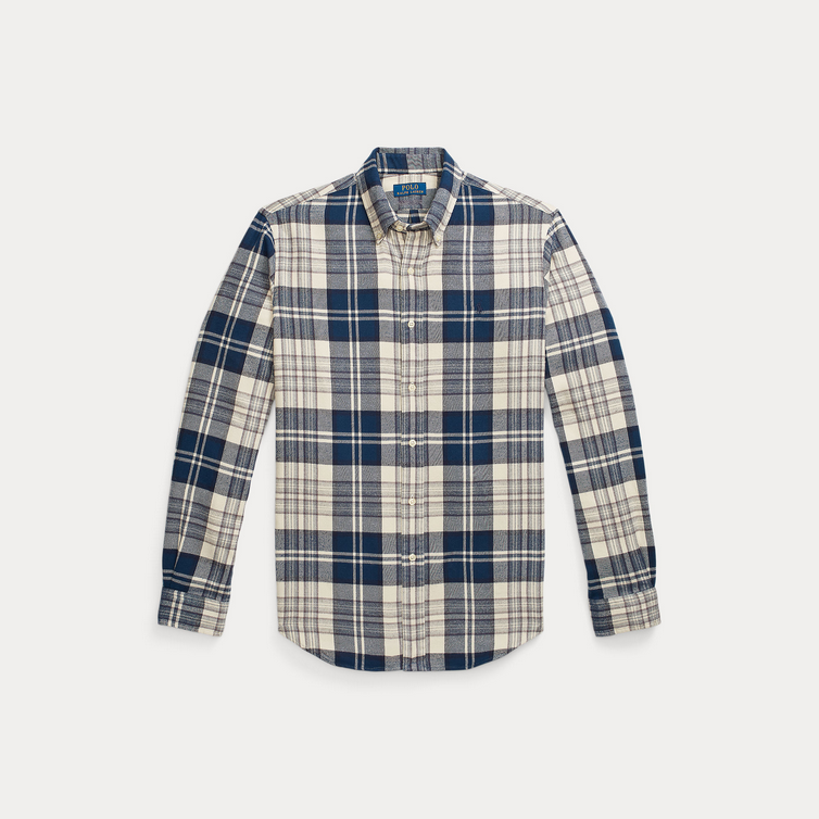 Skjorte - Custom Fit Plaid Brushed Flannel Shirt Offwhite / Navy