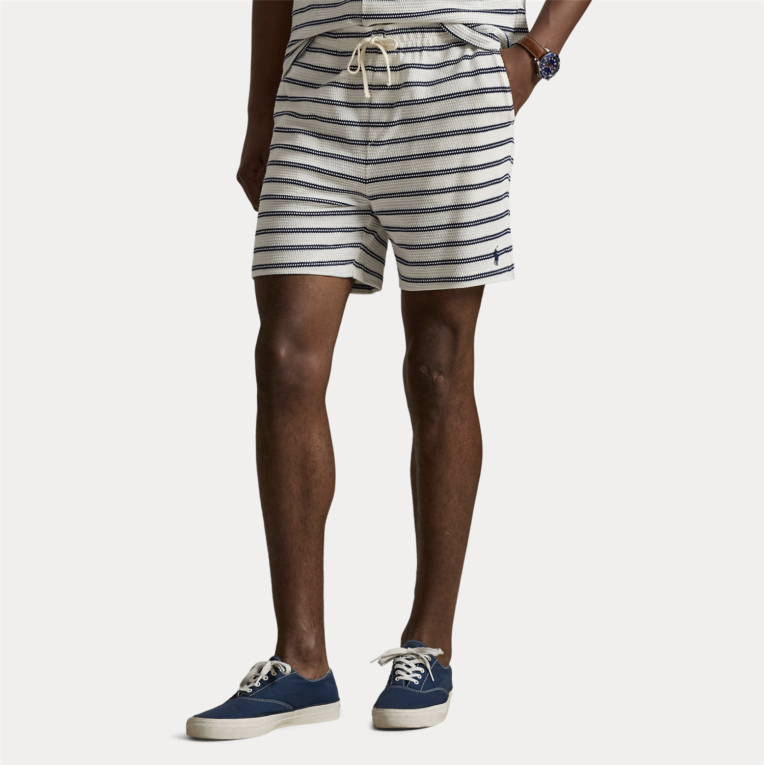 Shorts - Striped Pointelle Ribbed Short Pale Cream / Newport Navy