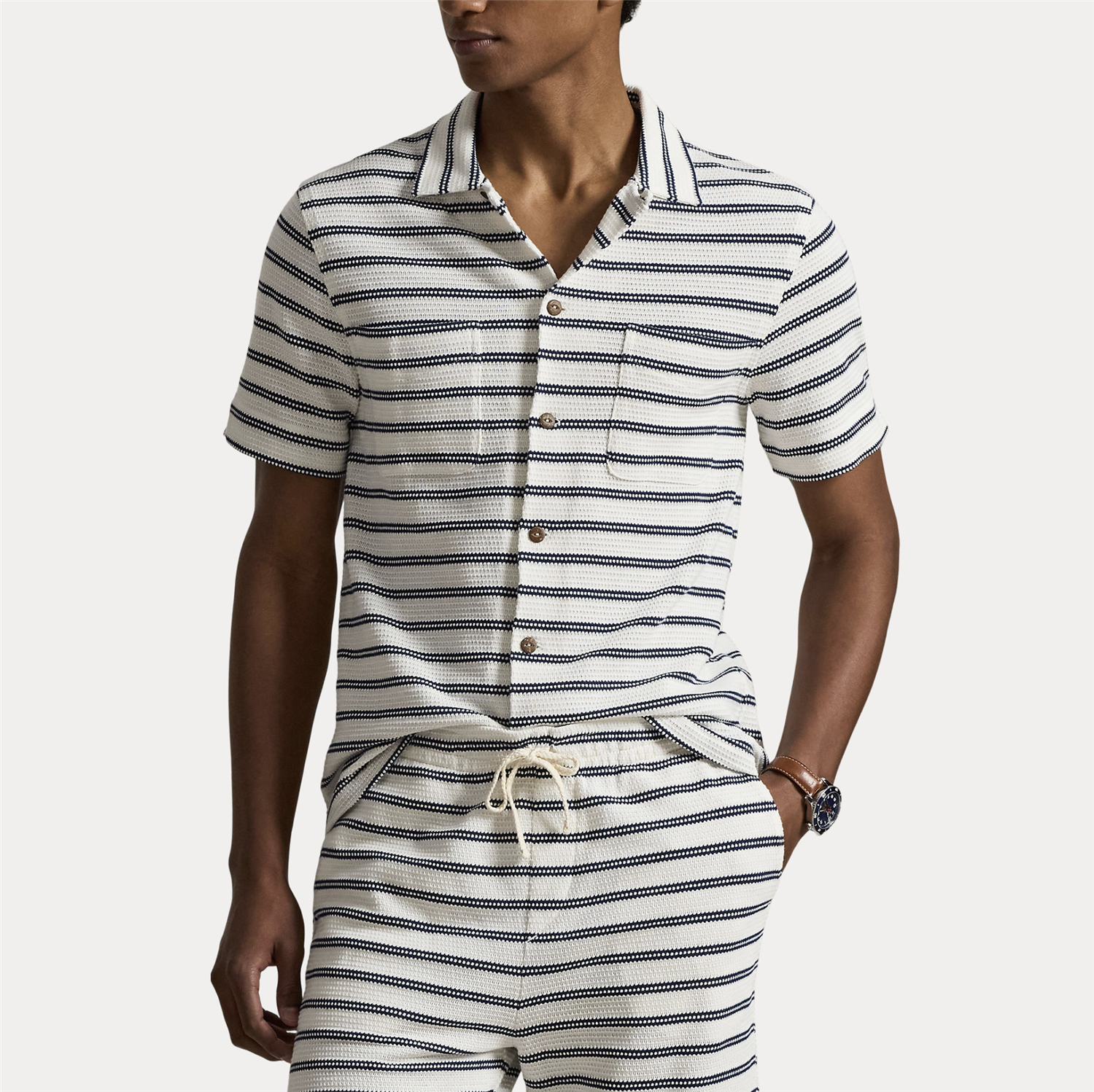 Pique - Striped Pointelle-ribbed Camp Shirt Pale Cream / Newport Navy