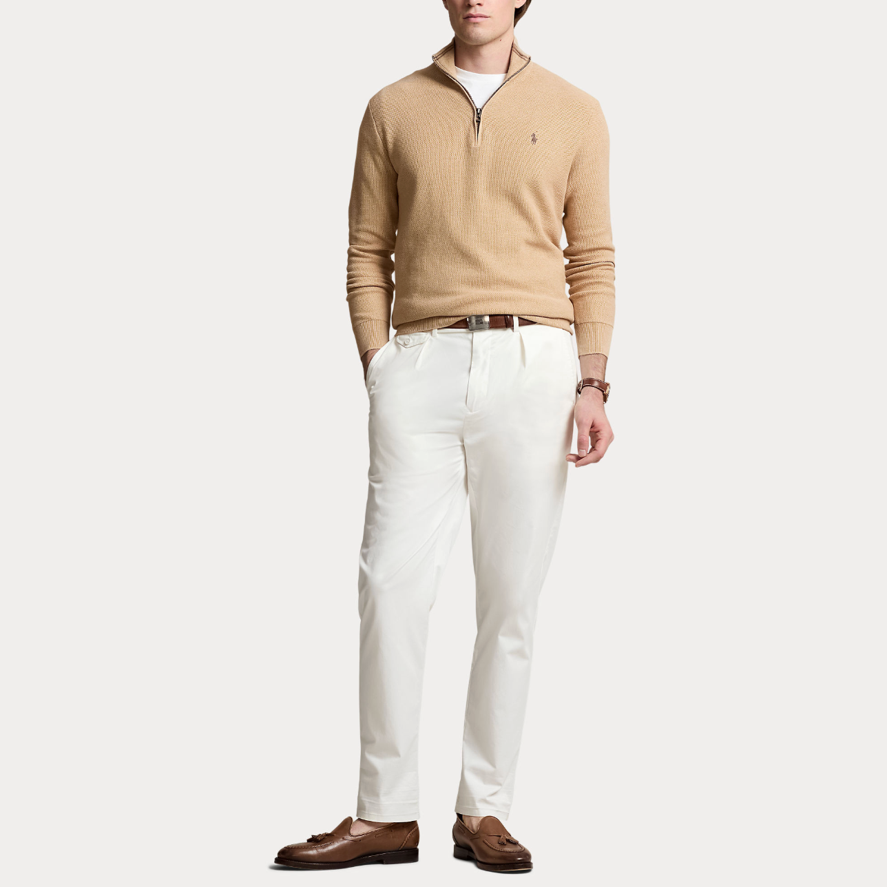 Genser - Mesh-Knit Cotton Quarter Zip Sweater Camel Melange