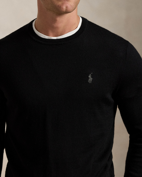 Genser - Slim Fit Washable Wool Crewneck Sweater Polo Black