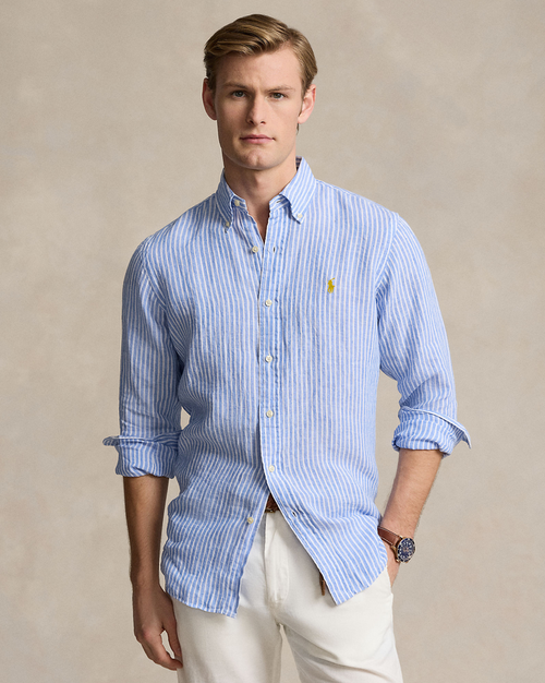 Skjorte - Custom Fit Striped Linen Shirt Blue/White