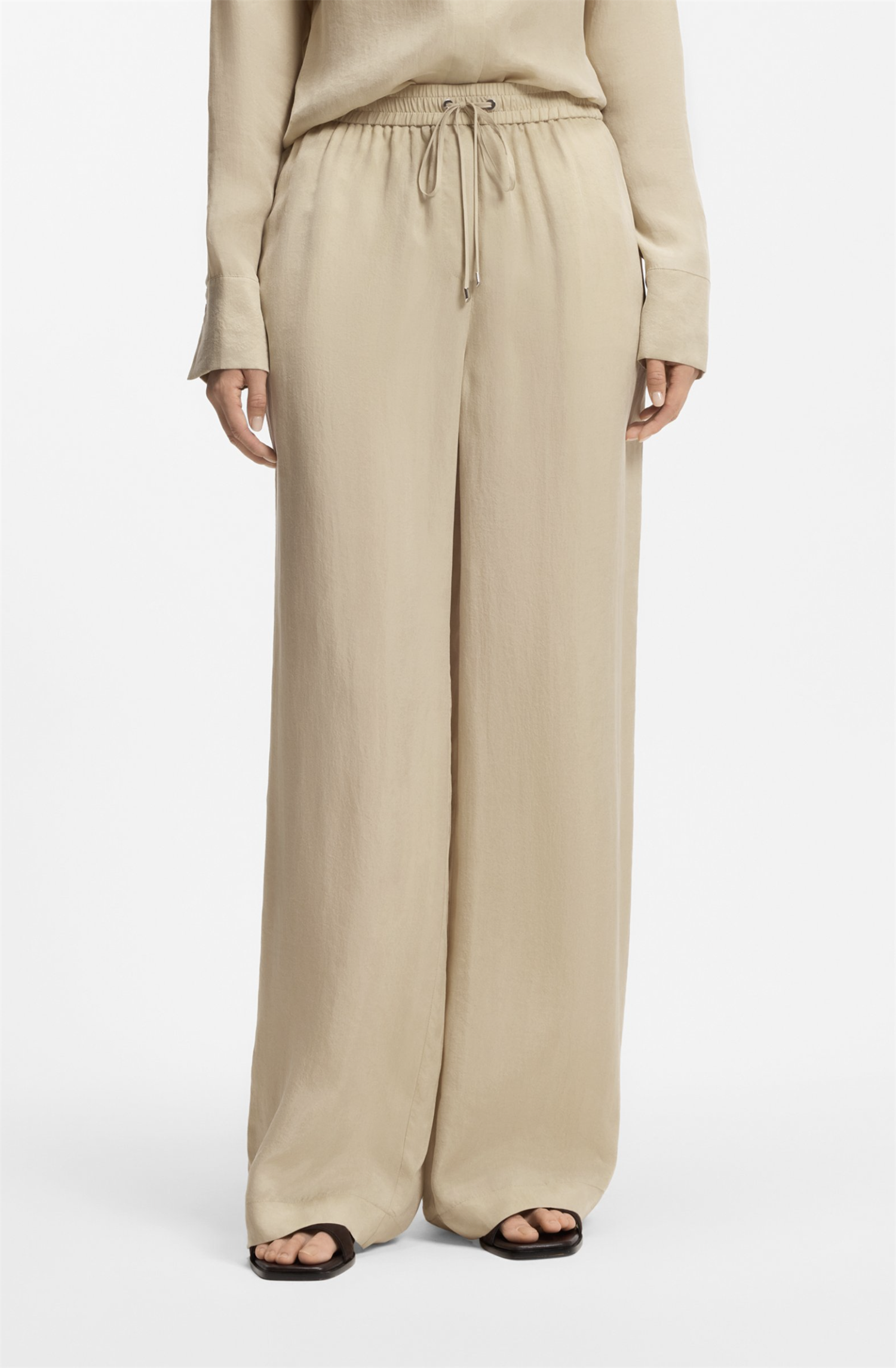 Bukse - Relaxed Fit Trousers With Drawcord Waist Light Beige
