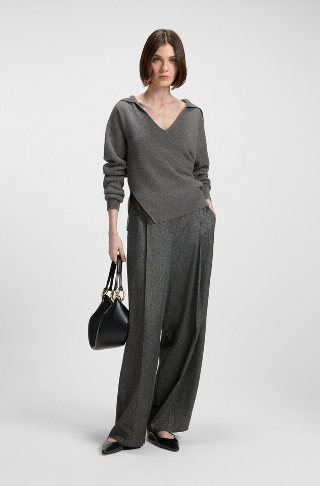 Genser - Collared Sweater Wool Cashmere Lace Inserts Dark Grey