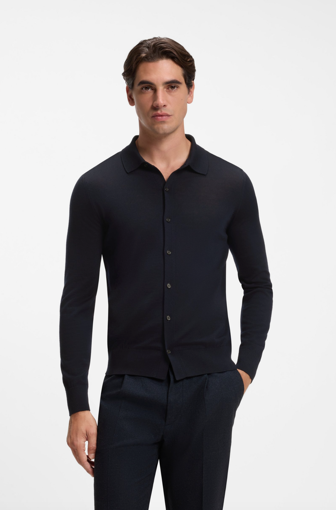 Cardigan - Virgin Wool Cardigan With A Polo Collar Dark Blue