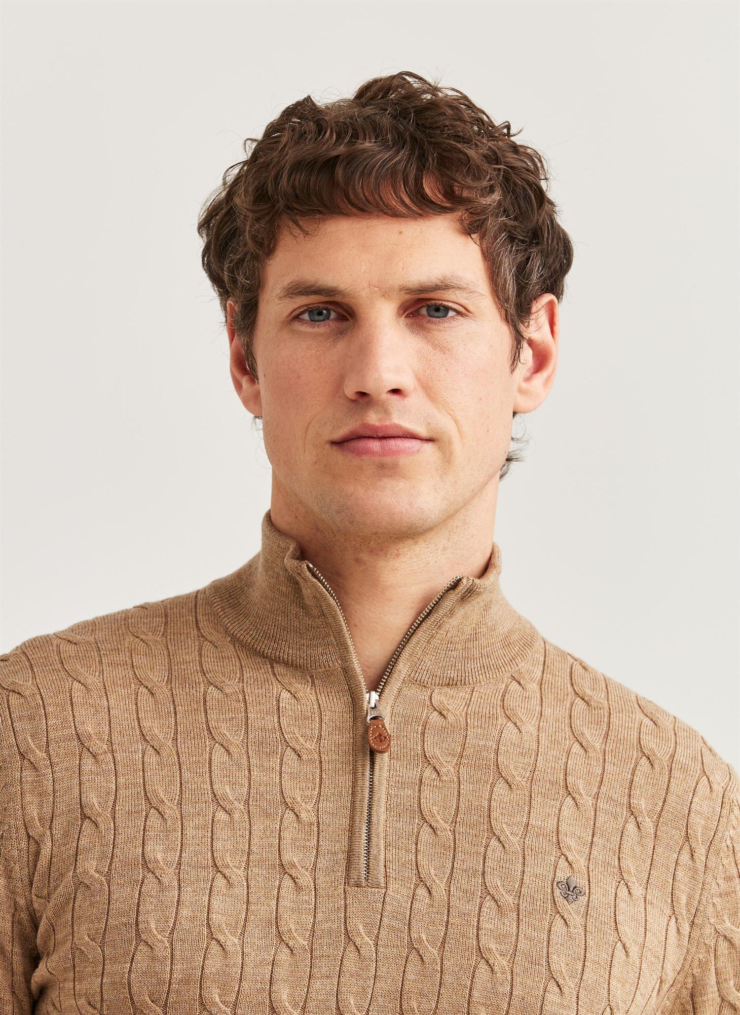 Genser - Merino Cable John Zip Camel