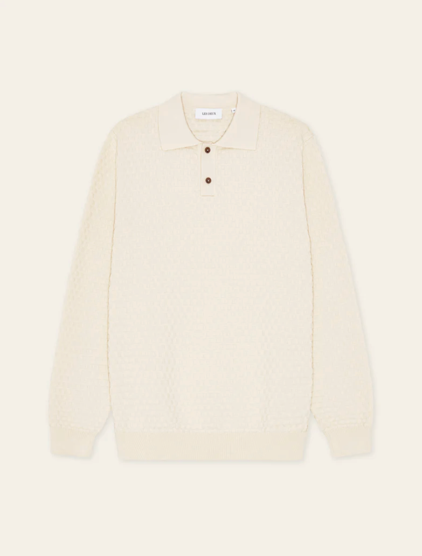 Genser - Billy Weave Knitted LS Polo Light Ivory