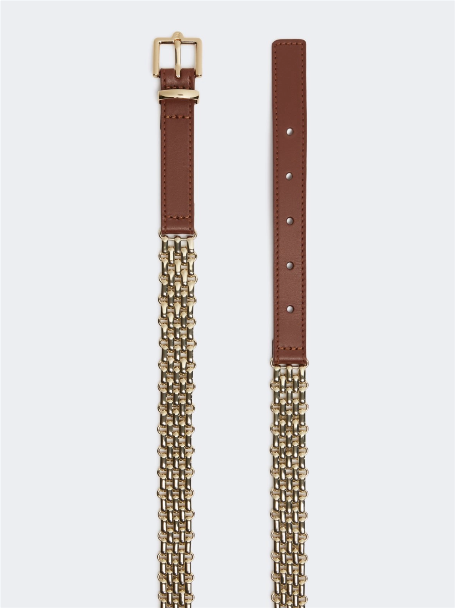 Belte - Metallic Chain and Leather Belt -Gold