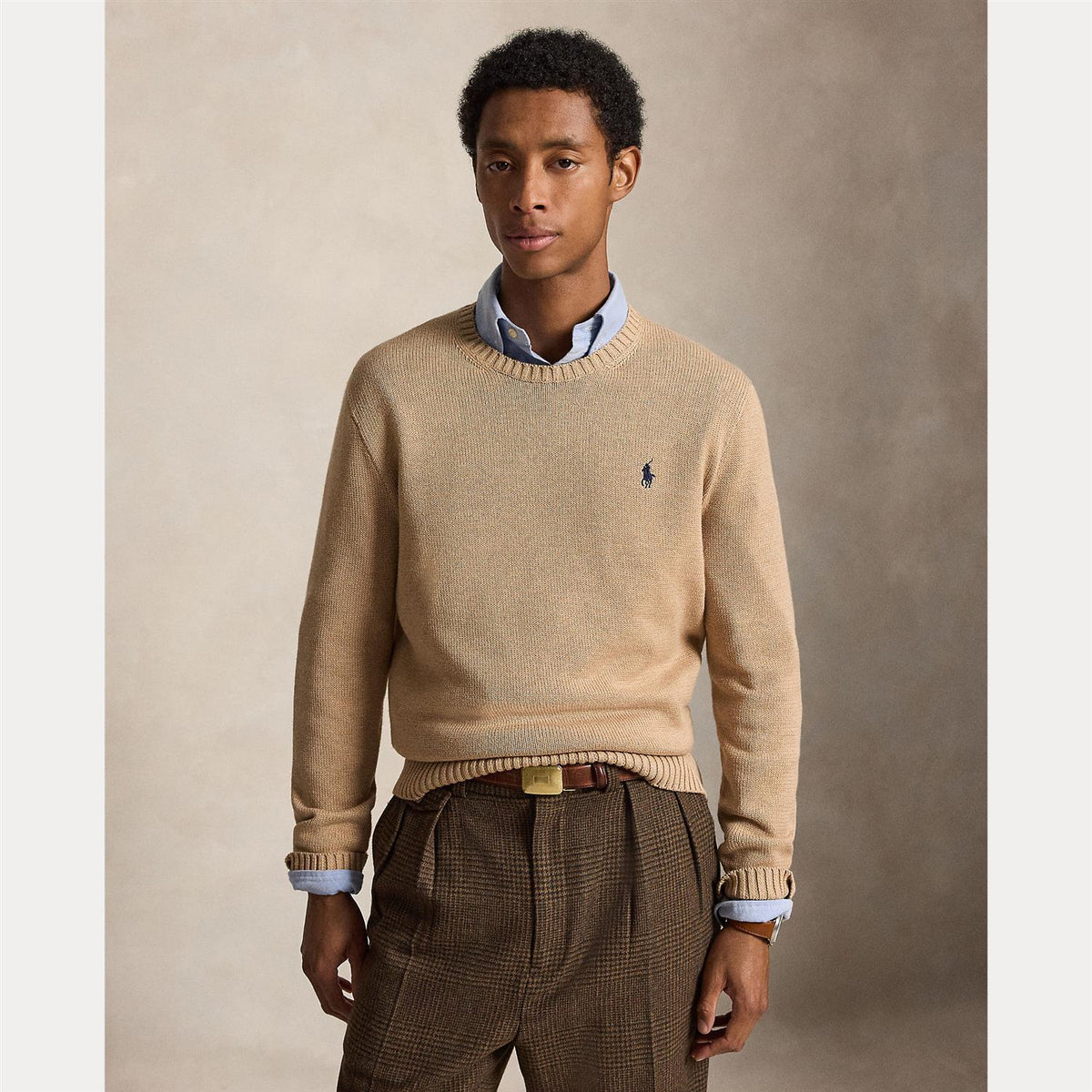 Genser - Cotton Crewneck Sweater Camel Melange