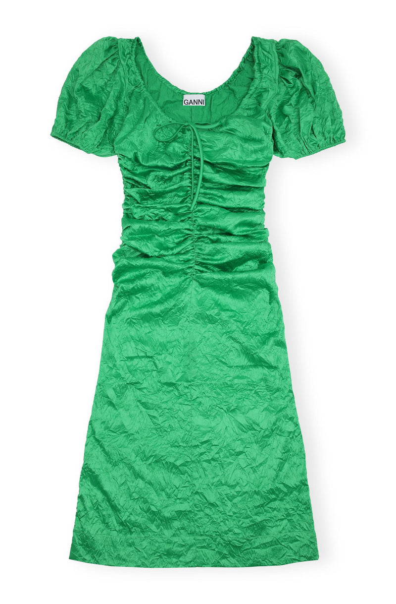 Kjole - Crinkled Satin Gathered U-Neck Midi Dress Bright Green