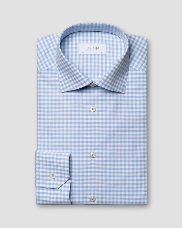 Skjorte - Light Blue Checked Fine Piqué Shirt Slim Fit