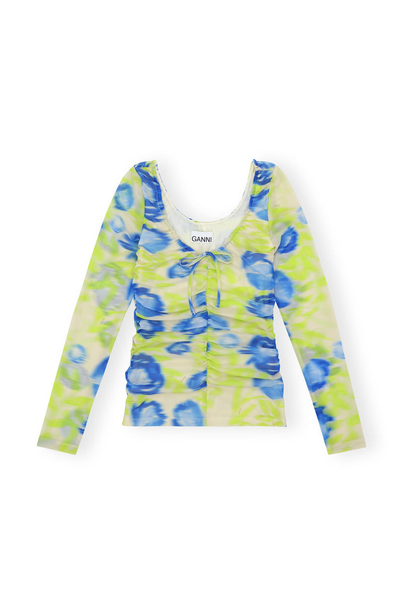 Bluse - Printed Mesh U-neck Ruched Blouse Strong Blue